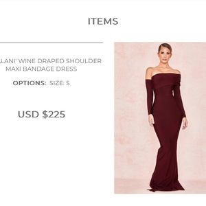 HOUSE OF CB X 'NALANI' WINE DRAPED SHOULDER MAXI BANDAGE DRESS